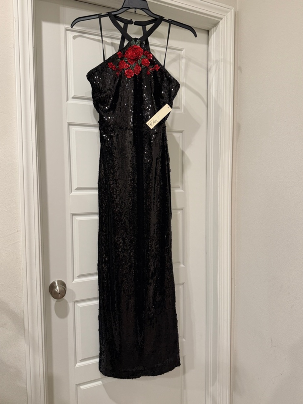 Women's Black Sequin Prom Dress with Red Floral Appliqué